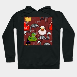 Spooky Halloween Rubber Ducks and Pink Flamingo Skeletons Dark Red Hoodie